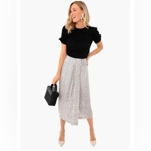 Vince midi length dot print skirt with front pleat / slit; size 8